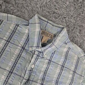 Duluth Trading Co Button Down Shirt Large Green Blue Plaid Seersucker 60602